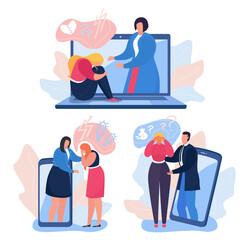 Online psychology help, vector illustration. Psychotherapy for patient health, psychologist support woman in depression. Mental treatment and counseling, psychological session concept.