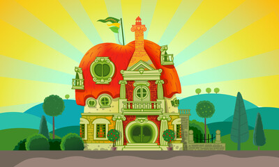 Fabulous cartoon house-apple. vector illustration