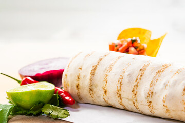 Mexican homemade taco burrito pulled pork with tomato salad  guacamole