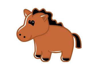  Funny brown baby horse. One full length animal illustration for children on a white background. Freehand flat design, vector.