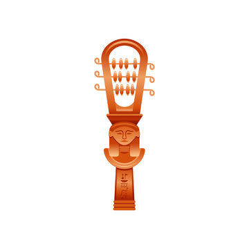 Egyptian sistrum music. Old music instrument with god face decoration from ancient Egypt art craft. Cartoon 3d realistic historical icon. Vector illustration, sistrum isolated on white background