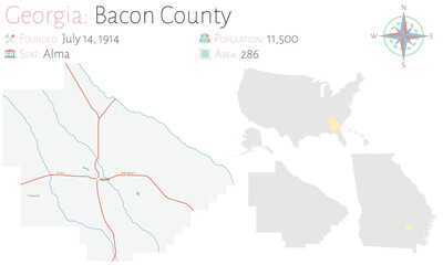 Large and detailed map of Bacon county in Georgia, USA.
