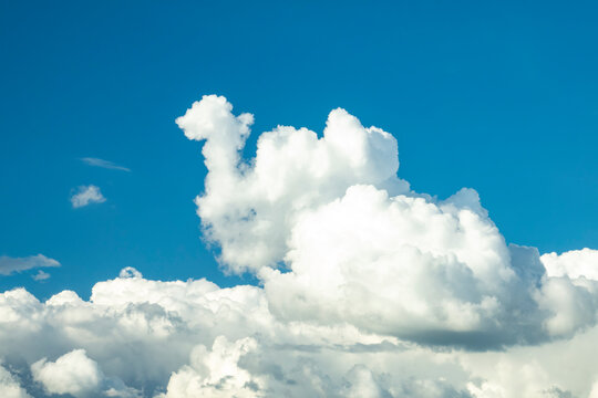 Fluffy white clouds with animal shape against bright blue sky 