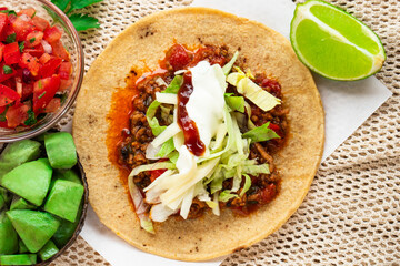 Mexican homemade taco burrito pulled pork with tomato salad  guacamole
