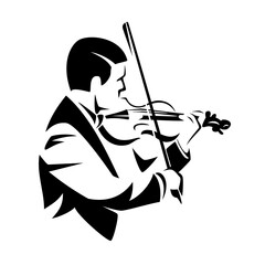 male musician playing violin instrument - classical music performance black and white vector portrait