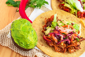 Mexican homemade taco burrito pulled pork with tomato salad  guacamole
