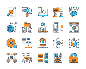 Vector color linear icon set of data. Outline symbol collection of datum analysis