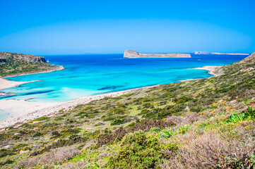 Balos Bay in Crete, Greece. Turquoise, clear sea view. Nature around the island. Famous tourist destination. Beautiful lagoon.