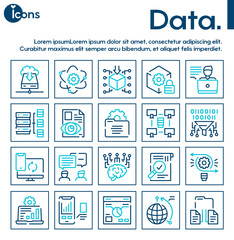 Vector color linear icon set of data. Outline symbol collection of datum analysis