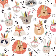 Seamless vector chuldish pattern with cute tribal animal faces. Scandinavian style illustration, indians with feathers