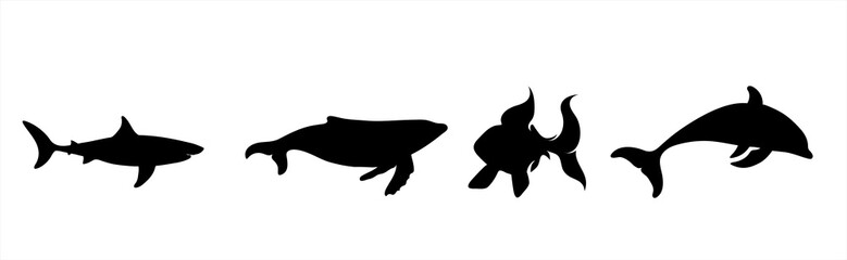 Collection of vector silhouette of water animals on white background. Symbol of nature and ocean creatures.