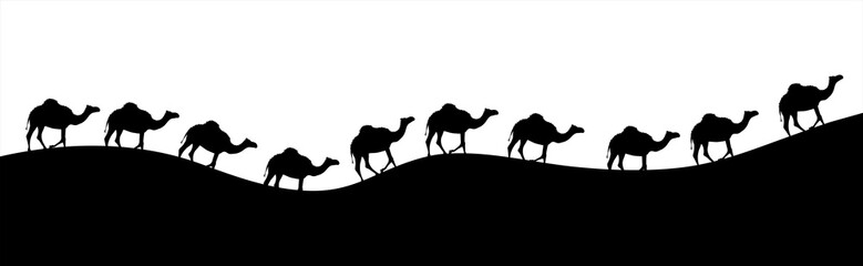 Vector silhouette of walking camels on sand. Symbol of caravan in Sahara.
