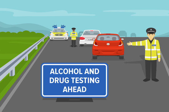 Roadside alcohol and drug testing. Police officers testing drivers on higway. Flat vector illustration.