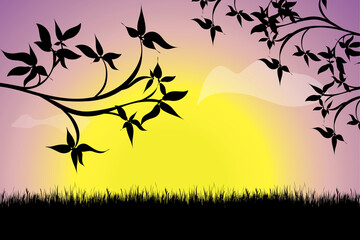 Vector silhouette of a sunset with grass. Symbol of nature.