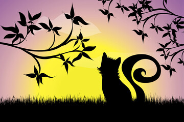 Vector silhouette of kitty sitting in the grass at sunset. Symbol of animal.