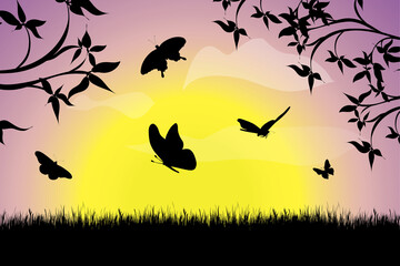 Vector silhouette of flying butterflies at sunset. Symbol of nature.