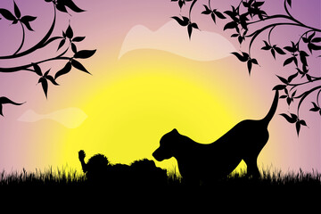 Fototapeta na wymiar Vector silhouette of couple of dogs playing in the grass at sunset. Symbol of nature.