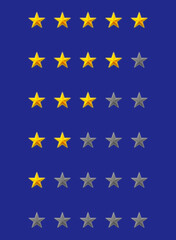 A pack of different ratings, going from zero to five (pick your own), expressed with golden or gray stars over a blue background.
