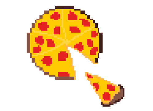 Pixel art: a full round pizza with one slice cut apart and put aside.
