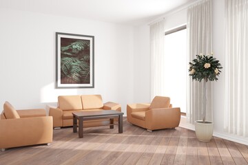 modern room with sofa,armchair,table,plant in pot and curtains interior design. 3D illustration