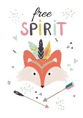 Cute indian fox, tribal animal with headband and feathers. Vector illustration for print, fabric design, cards, invitations.