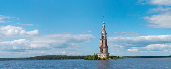 Panoramic view of Kalyazin flooded Belfry or bell tower over Volga river is a part of the flooded...