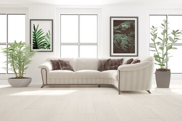 Fototapeta premium modern room with sofa,pillows,pictures,plants interior design. 3D illustration