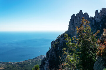 Magnificent views of the highest mountain in the Crimea AI-Petri with a suspended cable bridge. The...