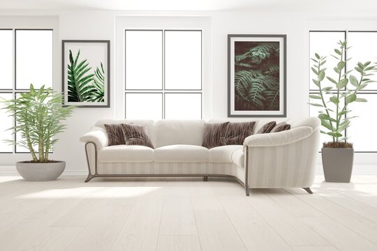 modern room with sofa,pillows,pictures,plants interior design. 3D illustration
