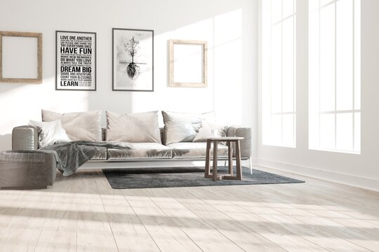 modern room with sofa,pillows,plaid,table,carpet interior design. 3D illustration
