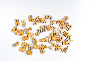 Wooden digits on white background.