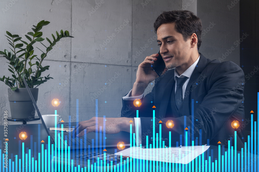 Poster businessman in office working with laptop technology online trading graph and chart, typing computer