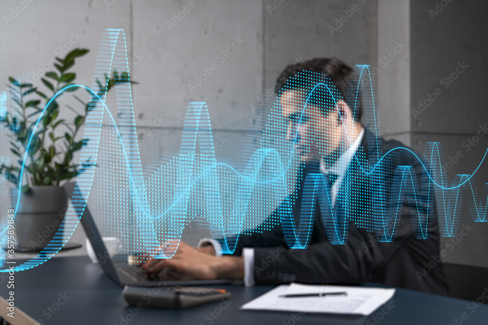 Poster businessman in office working with laptop technology online trading graph and chart, typing computer