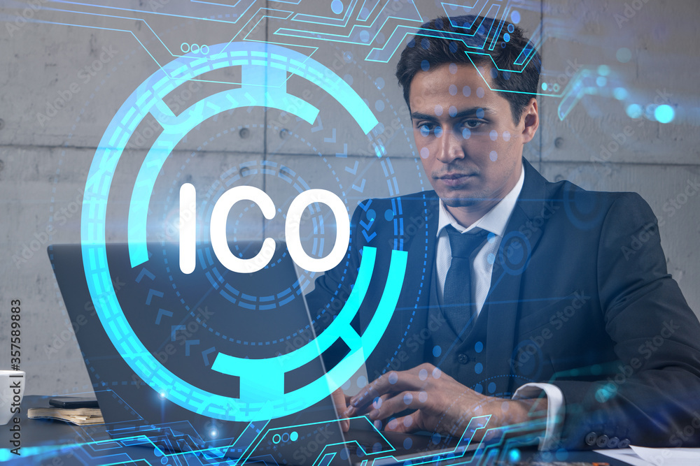 Poster businessman in office working with laptop technology online ico, typing computer assemble data drawi