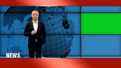 Newscaster telling the breaking news in broadcasting studio with green screen