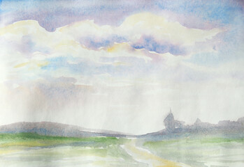 water color landscape with blue clouds in the sky