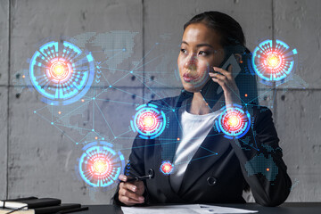 Businesswoman speaks phone and world map hologram. Double exposure.