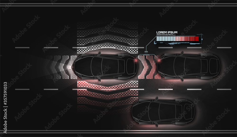 Leinwandbilder The prevention of the accident. Autonomous car driving on road with sensing systems. Smart vehicle scans way observe distance and parking driverless, top view. Future concept system. White black image
