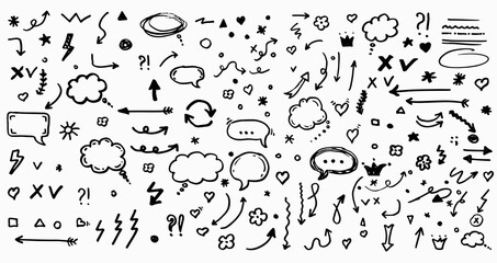 Big set of doodle vector arrow, flower, star, heart and bubble icons. Isolated. Hand drawn collection of elements for design