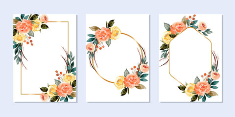 Fototapeta na wymiar multipurpose golden frame with flower watercolor for wedding invitation, greeting card, birthday etc.