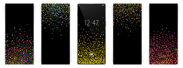 Smartphone wallpapers set. Confetti holiday backgrounds. Valentines Day. Hearts and stars confetti glitter. Smartphone vector mockup.