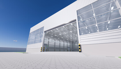 Warehouse or industry building interior exterior. Use as distribution center for loading, storage, warehousing, shipping and freight forwarding of cargo. Empty space, concrete floor inside. 3d render.
