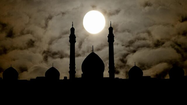 Shia Islam Sacred Site and Jamkaran Mosque: Time Lapse in Dark Night with Full Moon, Qom, Iran