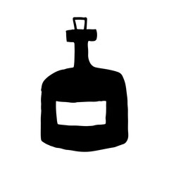 Hand drawn vector illustration of bottle. Black glass vial with cork for drink or medicine isolated on white background