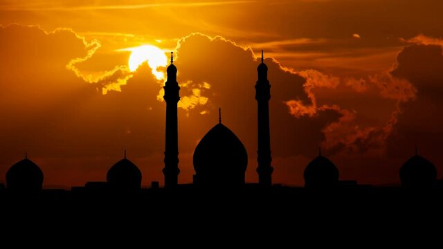 The Jamkaran Mosque at Sunset: Time Lapse with Red Clouds and Fiery Sky, Shia Islam Sacred Site, Qom, Iran