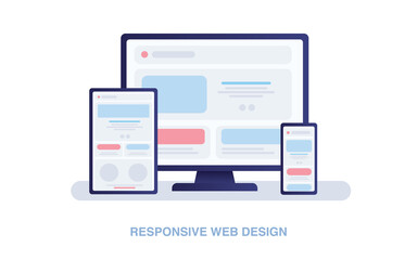 Adaptive programming icons set. Multi device development, software engineering. Responsive web design,  The website is open on computer, laptop, tablet and smartphone. Flat vector /Icon illustration.