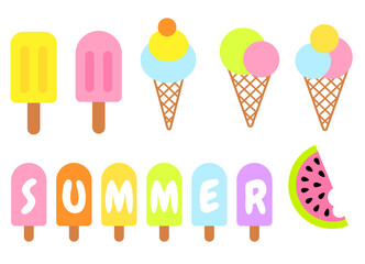 Summer collection of ice-cream cone and popsicles vector decor.