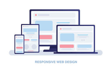 Adaptive programming icons set. Multi device development, software engineering. Responsive web design,  The website is open on computer, laptop, tablet and smartphone. Flat vector /Icon illustration.