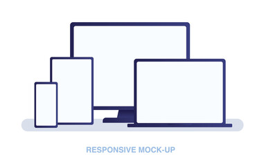 Responsive web design. The website is open on computer, laptop, tablet and smartphone. Flat vector /Icon illustration. Mock-up for insert image.