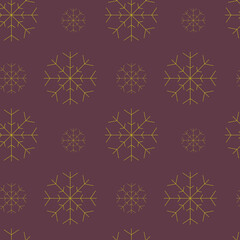 Illustration. seamless pattern of various winter snowflakes in gold color on a maroon background.isolated set